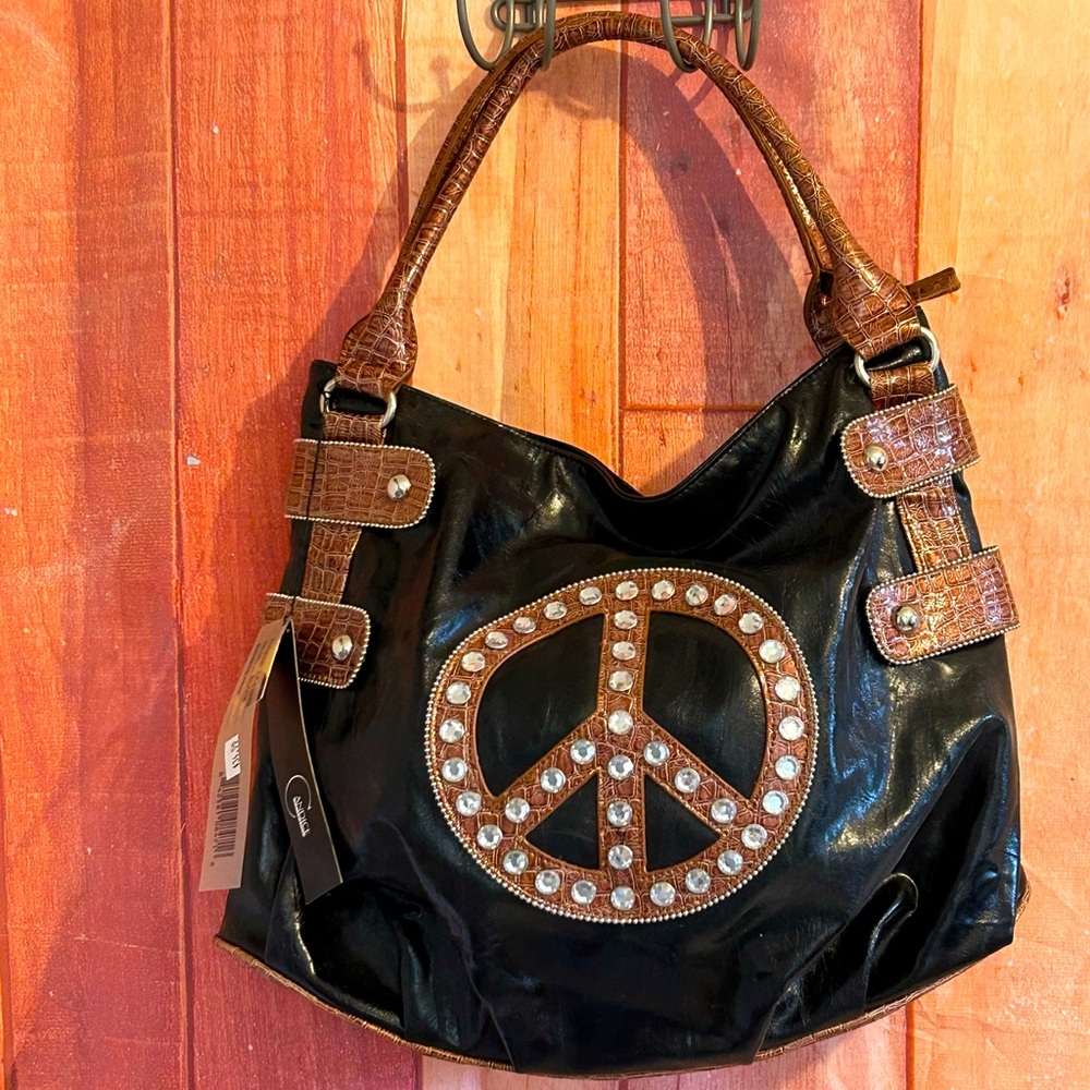Large Vegan Leather and Snakeskin Candice Tote/Shoulder Bag With Peace Sign NWT